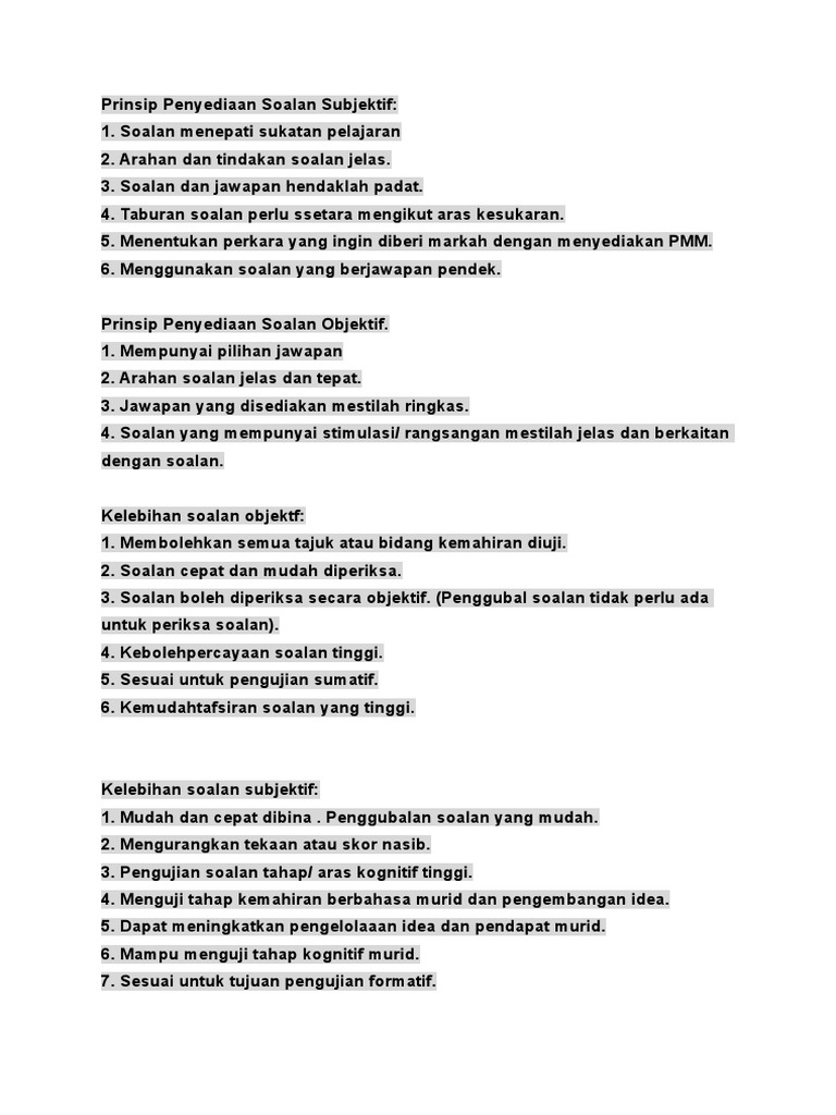Prinsip Penyediaan Soalan Subjektif Pdf