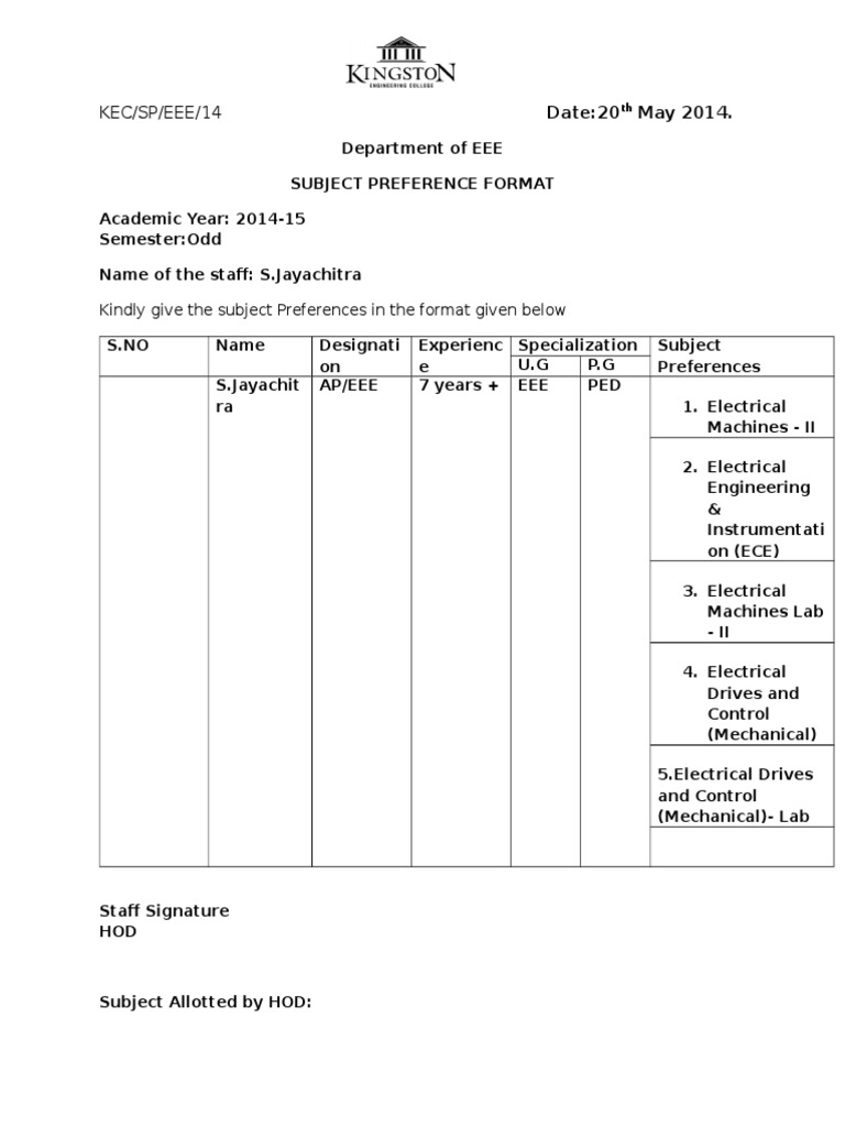 Subject Preference Submission Format | PDF