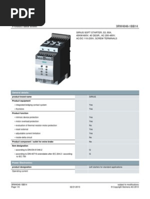 3rw4046 1bb14 Ac Semiconductor Starter Siemens Sirius Datasheet Alternating Current Voltage