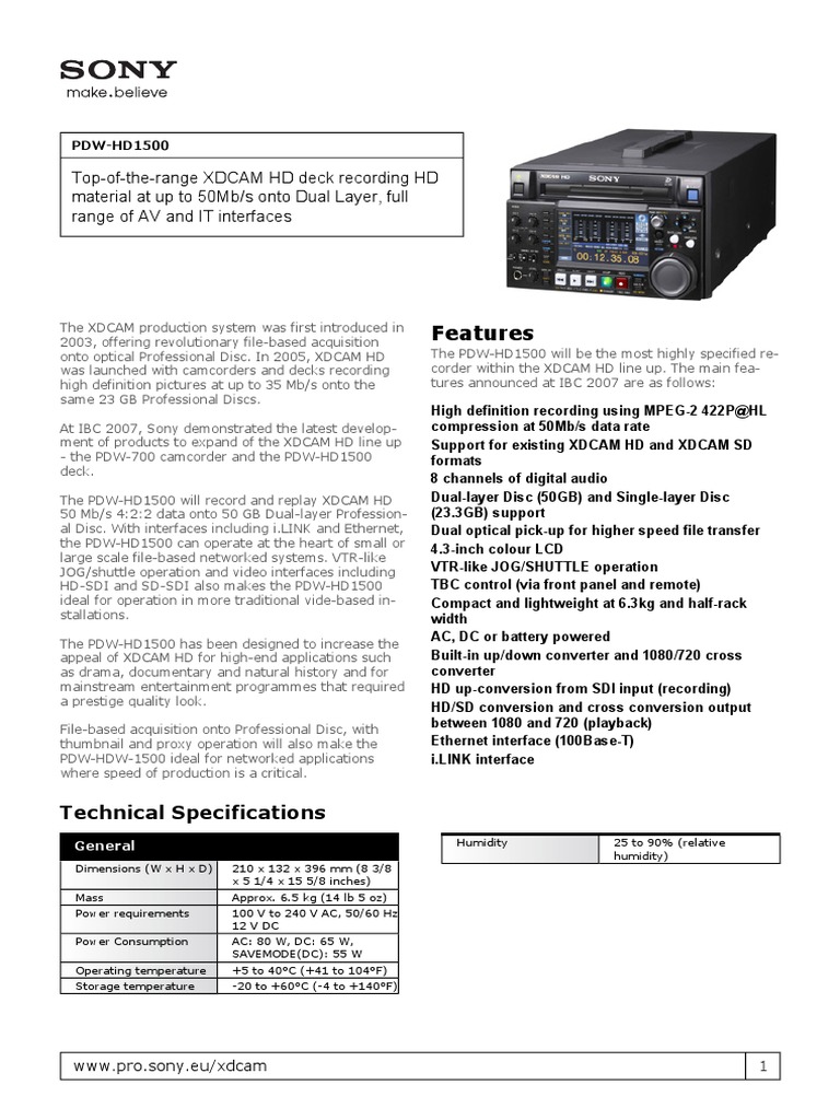 SONY PDW-HD1500 Professional XDCAM Recorder HD422 HD SDI MPEGHD - vom Händler