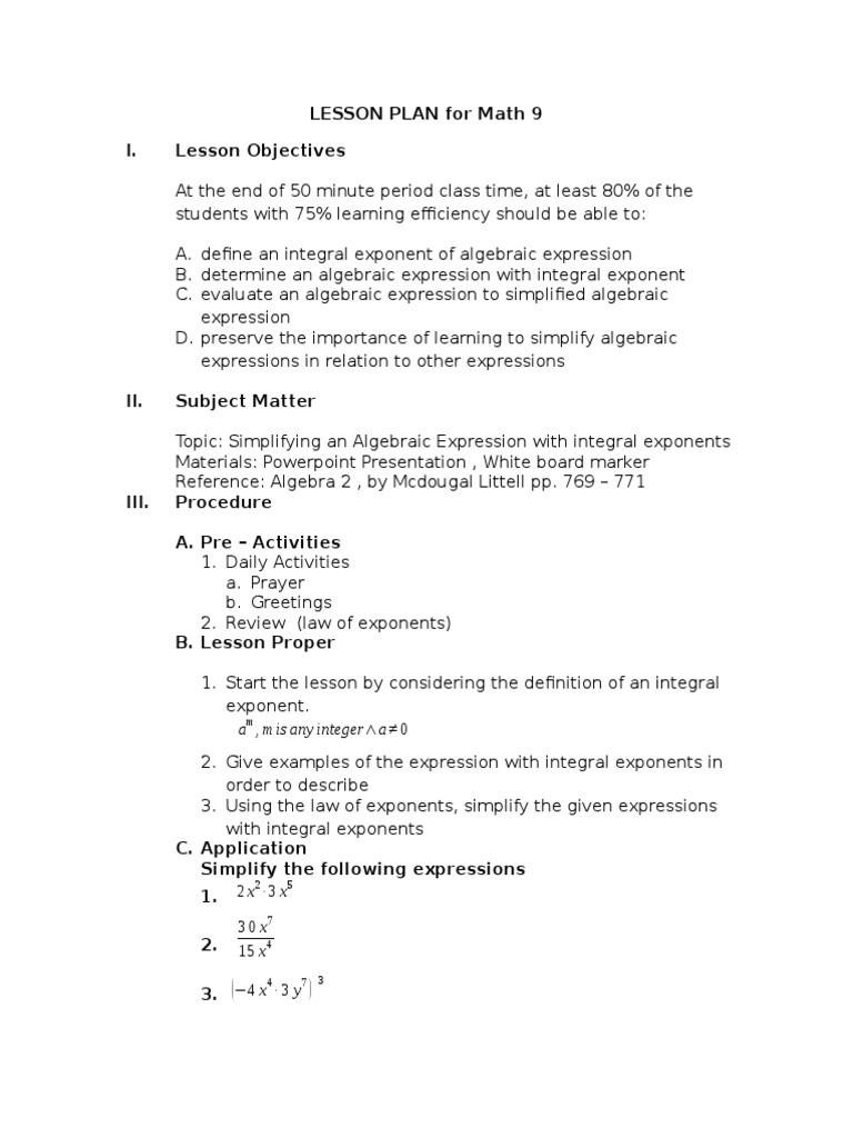 Algebraic Expressions: Integral Exponents Lesson | PDF