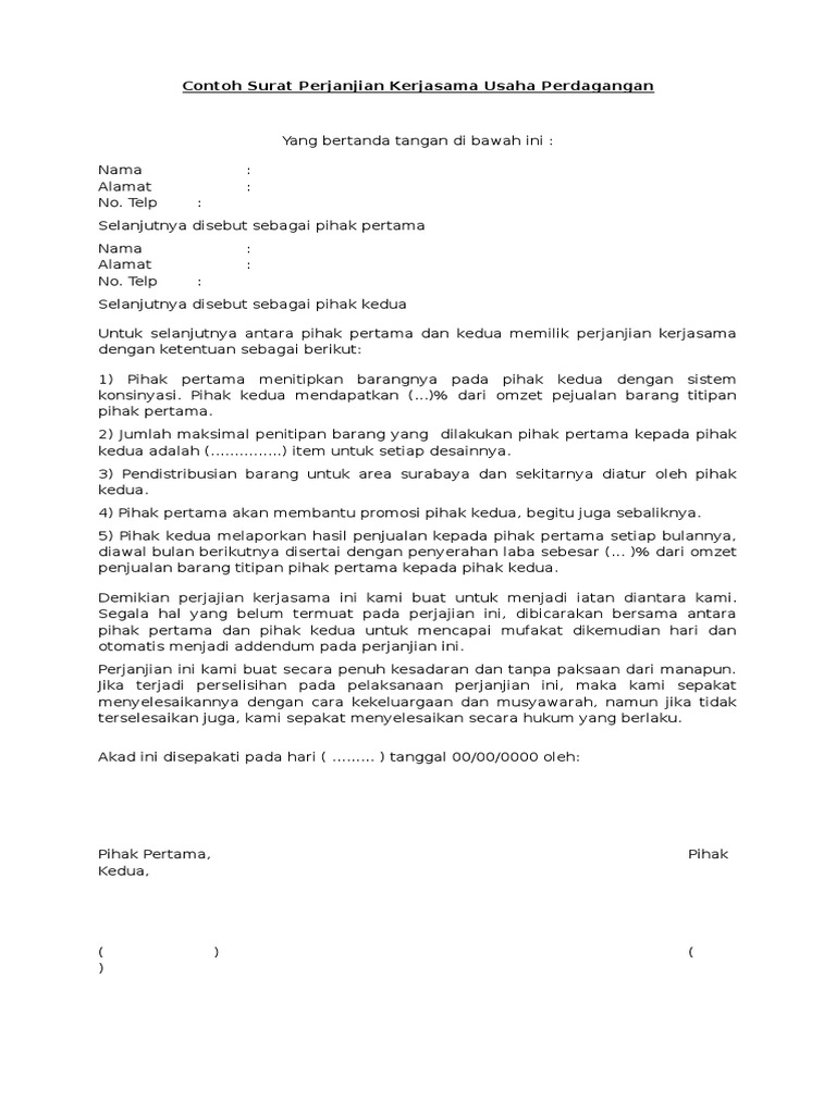 Surat Perjanjian Kerjasama Usaha Perdagangan
