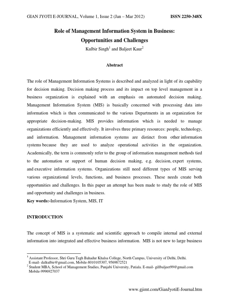 Role of Management Information System in Business: Opportunities and ...