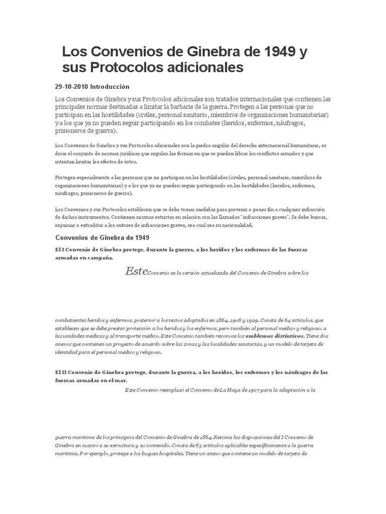 Los Convenios de Ginebra de 1949 y Sus Protocolos Adicionales Ley humanitaria internacional