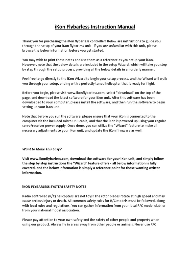 iKon Flybarless Setup Manual | PDF | Helicopter Rotor | Helicopter