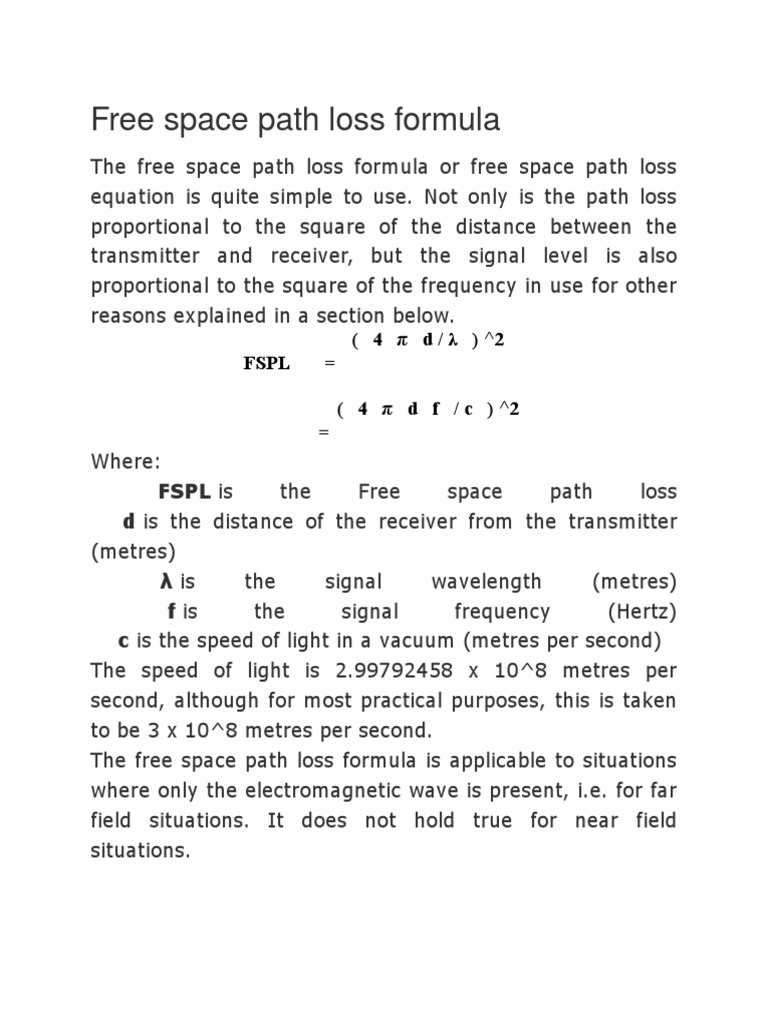 Free space path loss formula Fspl = (4 π d / λ) ^2 PDF