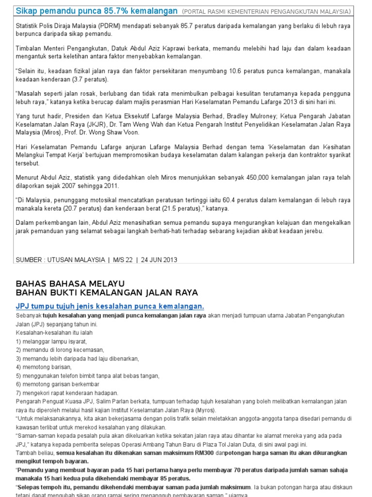 Perbahasan Bahasa Melayu Kemalangan Jalan Raya Pdf