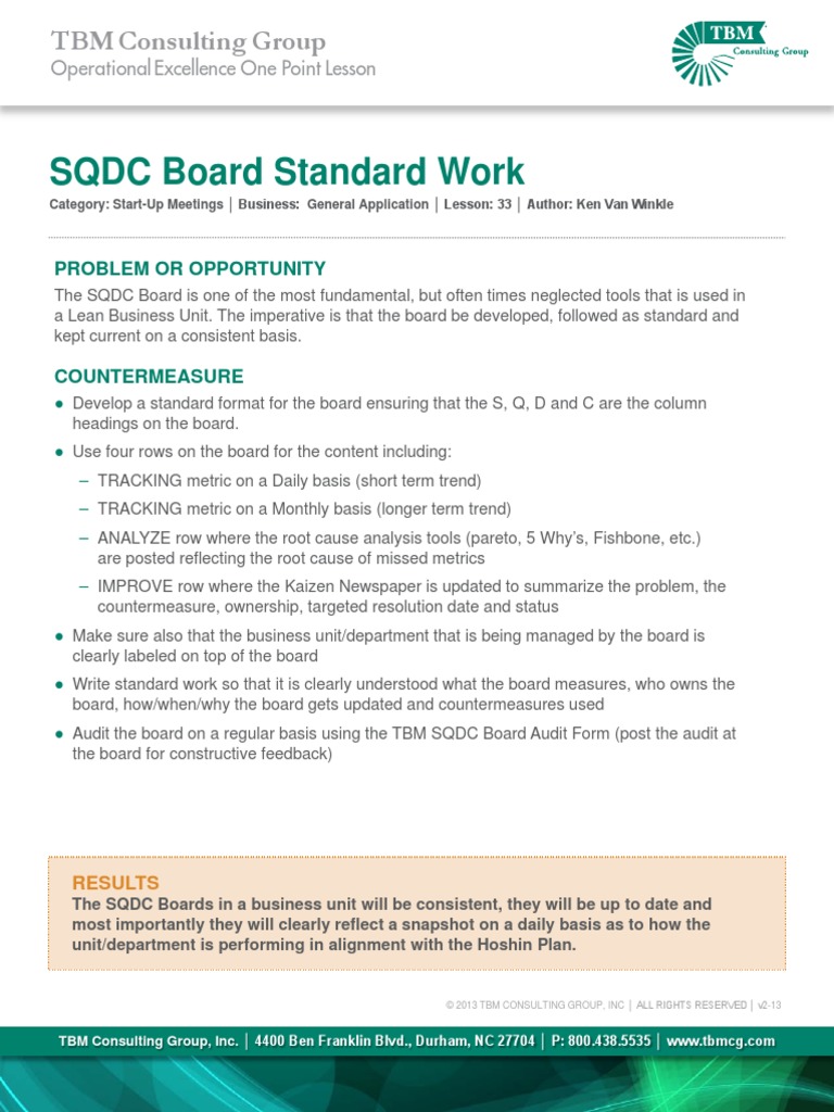 TBMOnePointLesson 33 SQDCBoardStandardWork v2 | PDF | Audit | Leadership