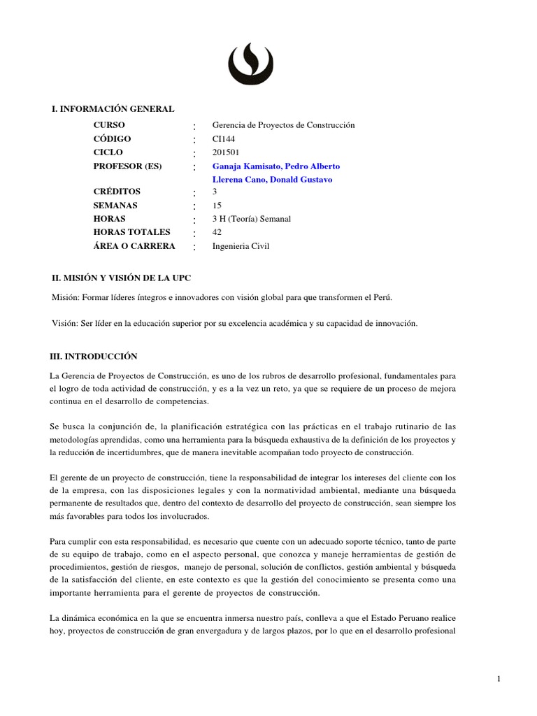 CI144 Gerencia de Proyectos de Construccion 201501 | PDF | Prueba ...