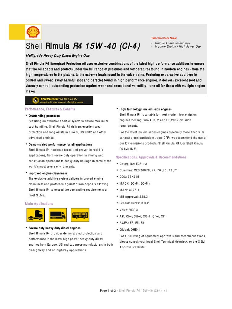 Rimula R4 15W-40 TDS PDF | PDF | Diesel Engine | Exhaust Gas