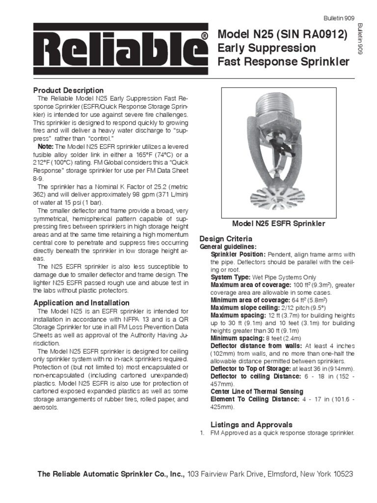 909 Model N25 ESFR Sprinkler PDF Fire Sprinkler System Building