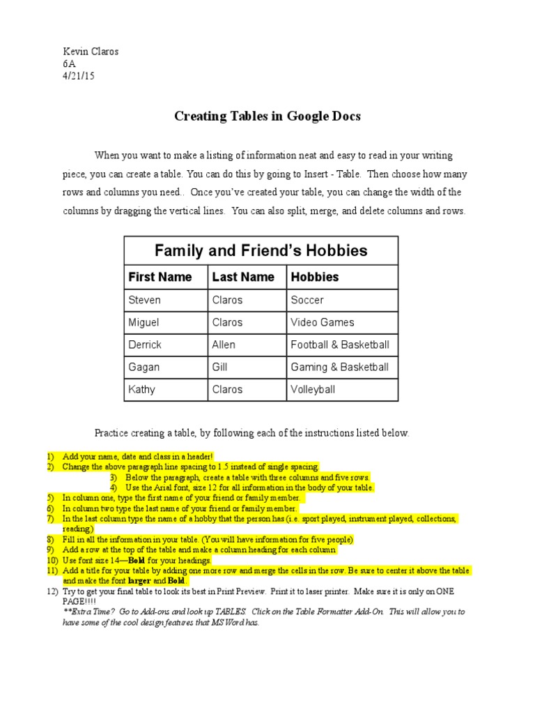 How to Create Tables in Google Docs | PDF