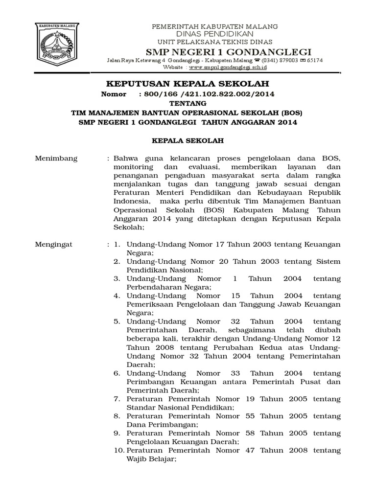 Contoh Sk Tim Manajemen Bos Sekolah 2014 Smp Negeri 1 Gondanglegi