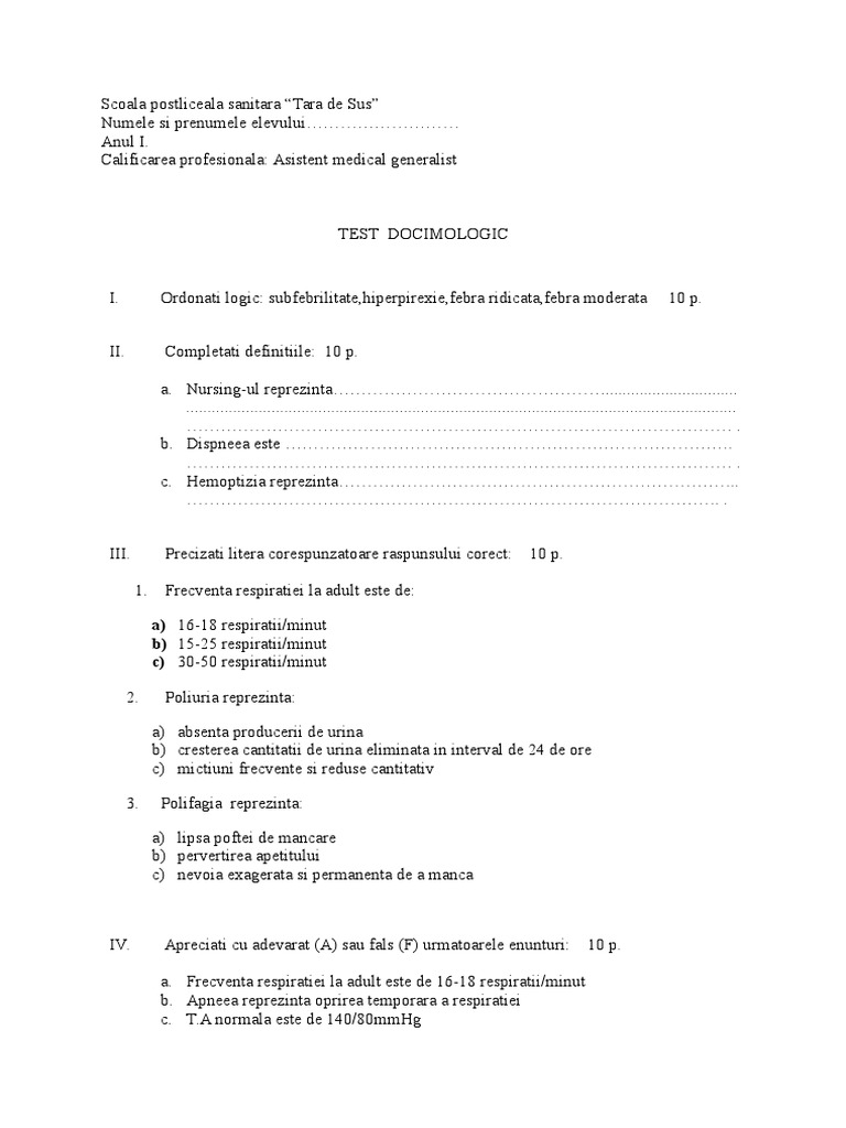 Test Docimologic Bazele Stiintei Nursing. | PDF