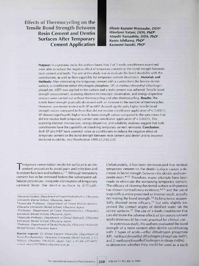 Effects of Thermocycling On The Tensile Bond Strength Between Resin