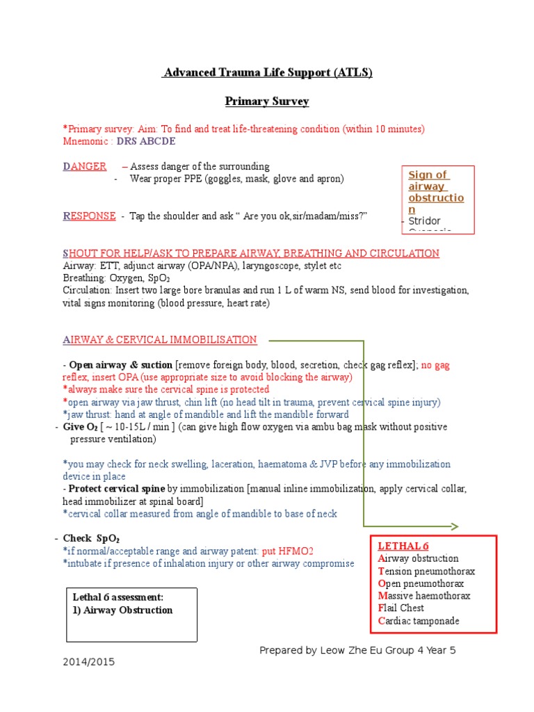 ATLS Primary Survey and Lethal Six | PDF | Thorax | Major Trauma
