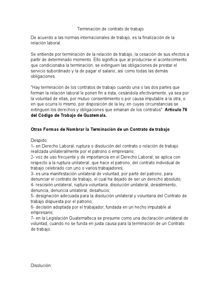 Terminación De Contrato De Trabajo Final Derecho Laboral Conceptos