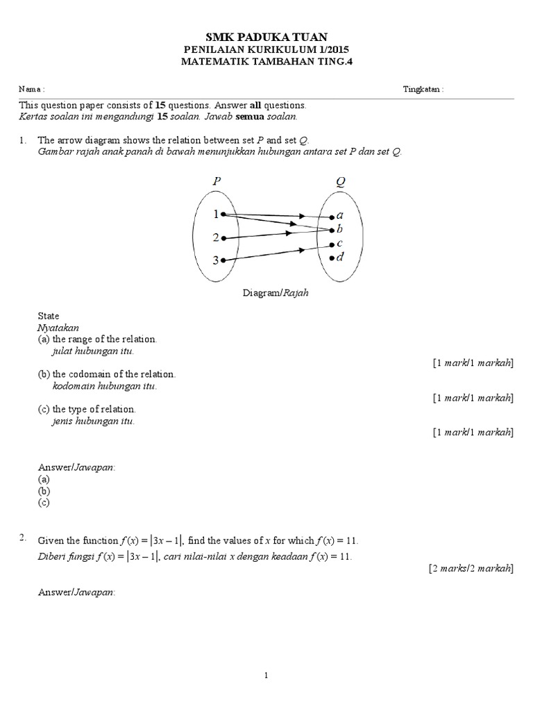 Ujian 1 Matematik Tambahan Tingkatan 4 Pdf Persamaan Kuadrat Analisis Matematis