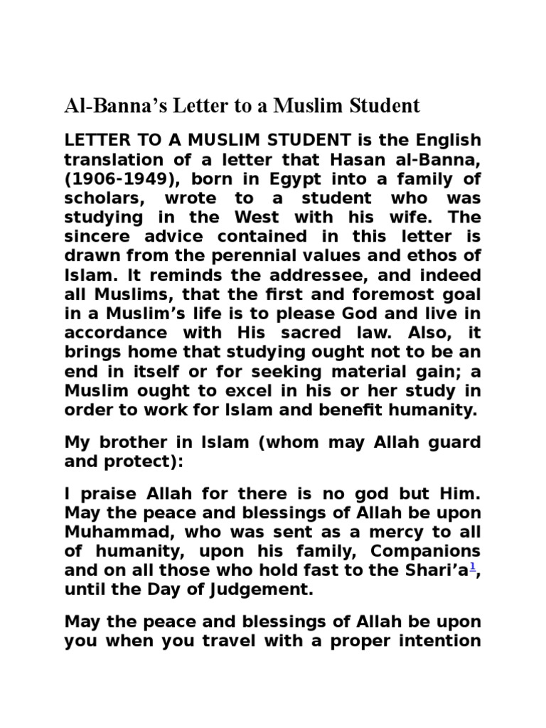 Al Banna S Letter To A Muslim Student Muhammad Sahabah