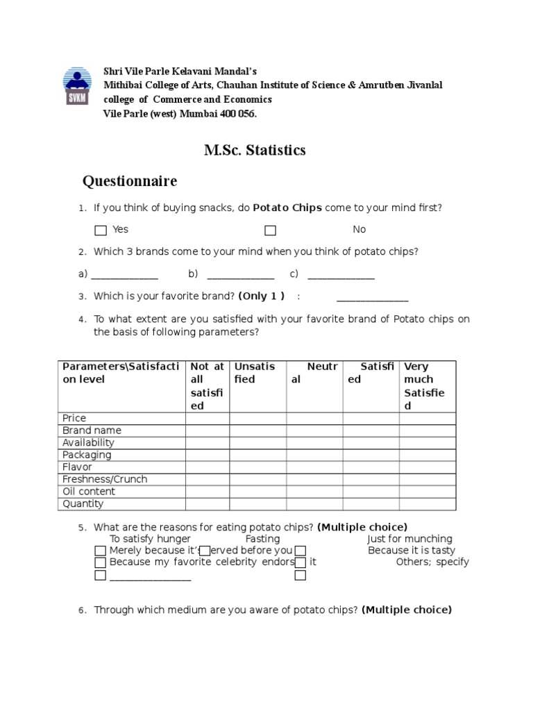 Questionnaire PDF Potato Chip Brand