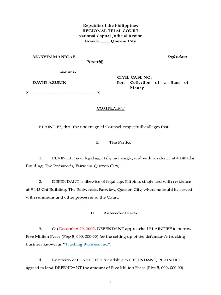 Complaint For Collection of Sum of Money | PDF | Security Interest | Loans