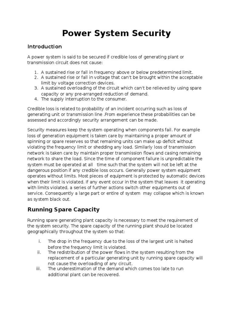 Power System Security Running Spare Capacity PDF