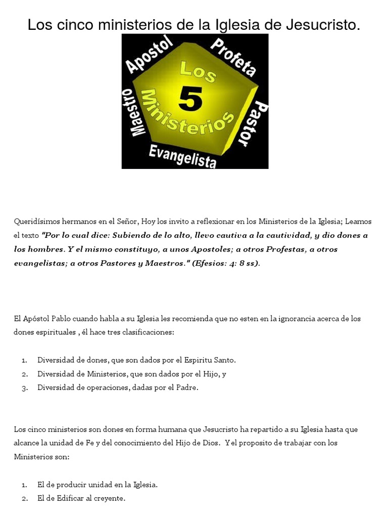 Los Cinco Ministerios de La Iglesia de Jesucristo Profeta Evangelios