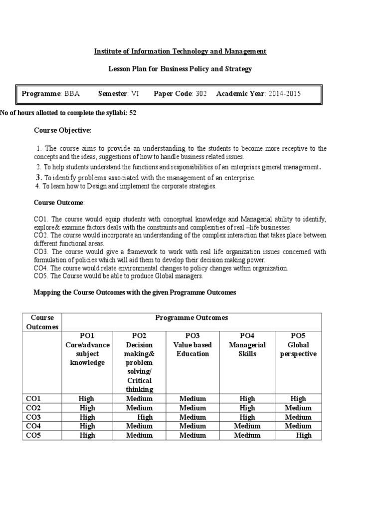 Business Policy and Strategy Lesson Plan | PDF | Strategic Management ...