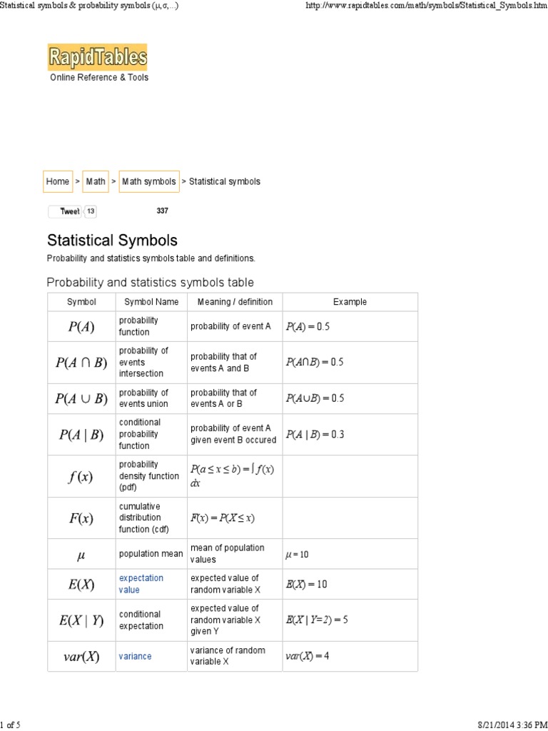 Statistical Symbols & Probability Symbols (μ,σ,.. | PDF | Variance ...
