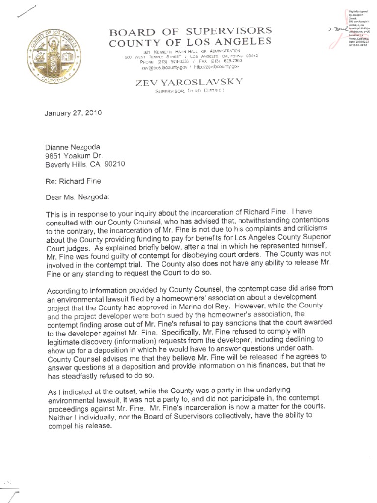 10 01 27 Los Angeles County Supervisor Zev Yaroslavsky's Letter to Ms