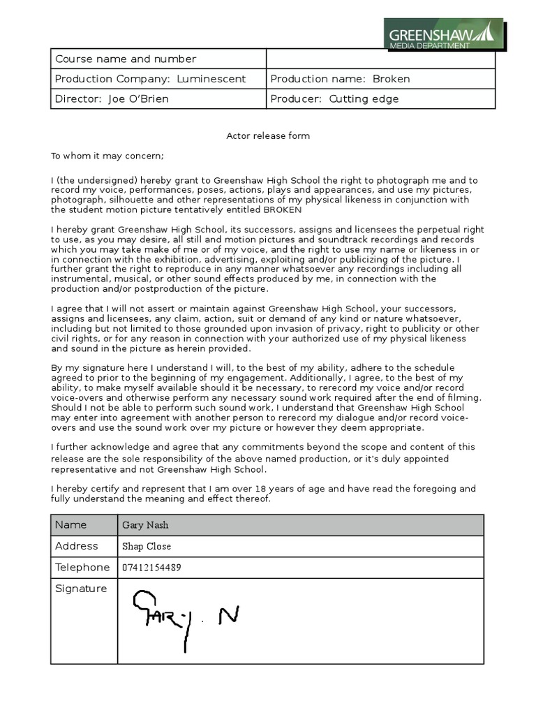 Actor Release Form for 