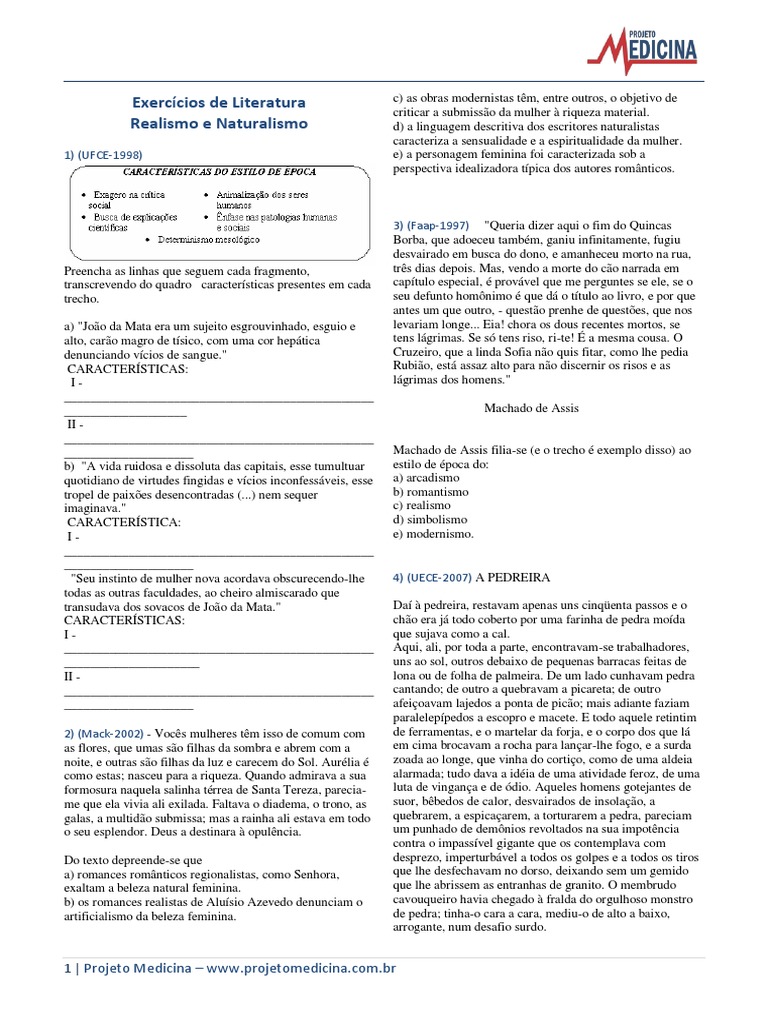 Prova Sobre Realismo E Naturalismo Com Gabarito