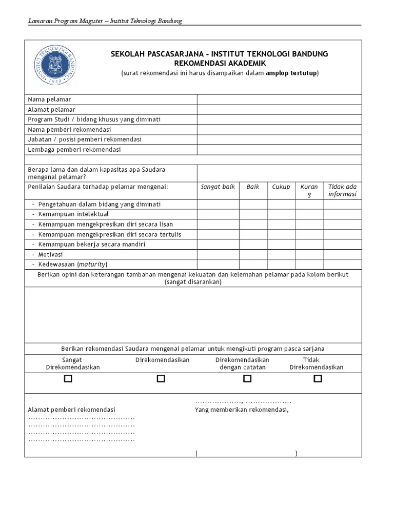 Surat Rekomendasi S2 Itb