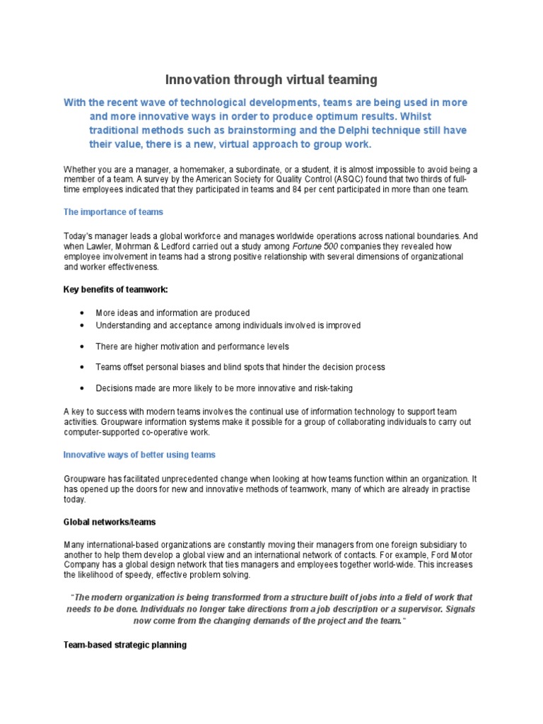 Innovation Through Virtual Teaming | PDF