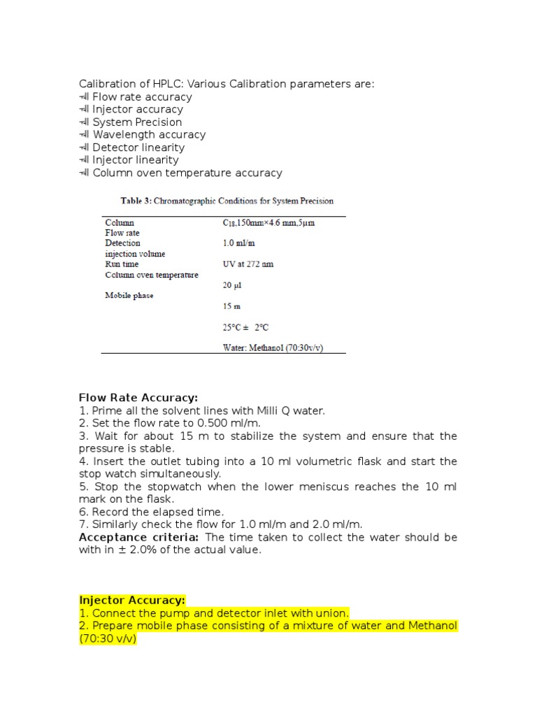Calibration of HPLC High Performance Liquid Chromatography