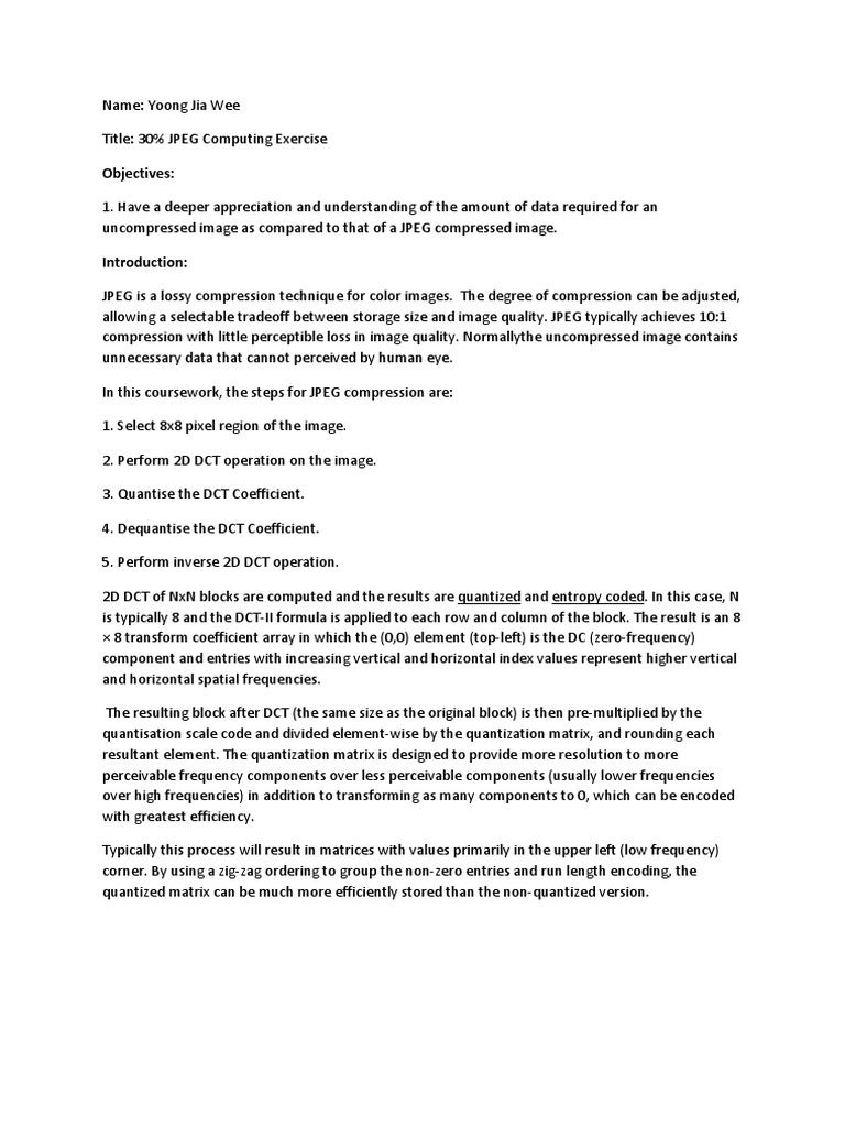 H63CMS Jpeg Report Jiaweeyoong | PDF | Data Compression | Algorithms