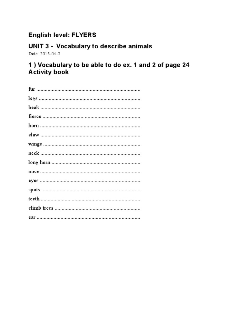 English Level: FLYERS UNIT 3 - Vocabulary To Describe Animals 1