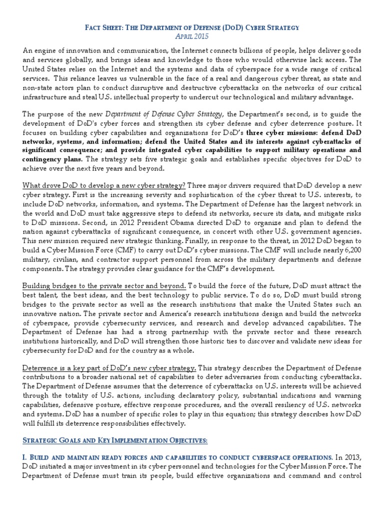 Department of Defense Cyber Strategy Fact Sheet | PDF | Cyberwarfare