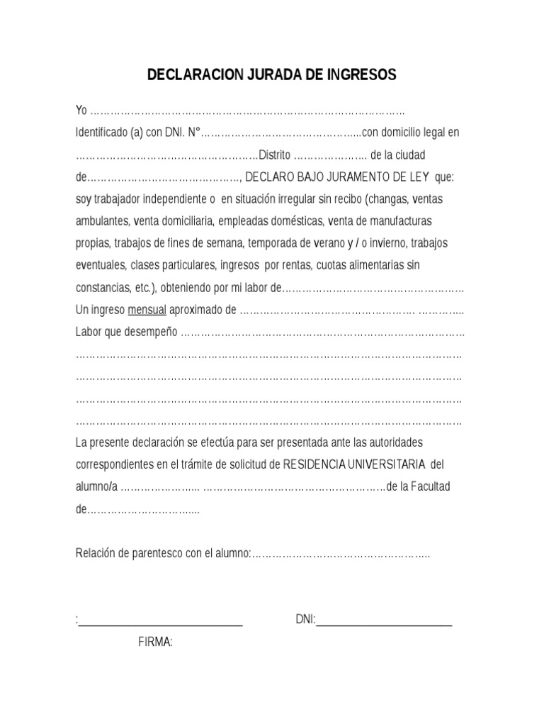 Modelo de Declaración Jurada de Ingresos | PDF