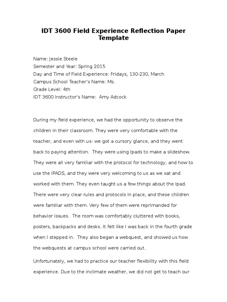 idt 3600 field experience reflection paper template Homework Classroom