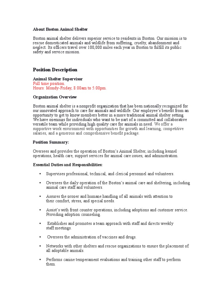 Position Description: About Boston Animal Shelter | PDF | Volunteering