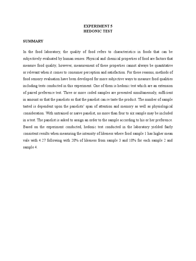 Hedonic Test for Food Preference Evaluation | PDF | Perception | Experiment