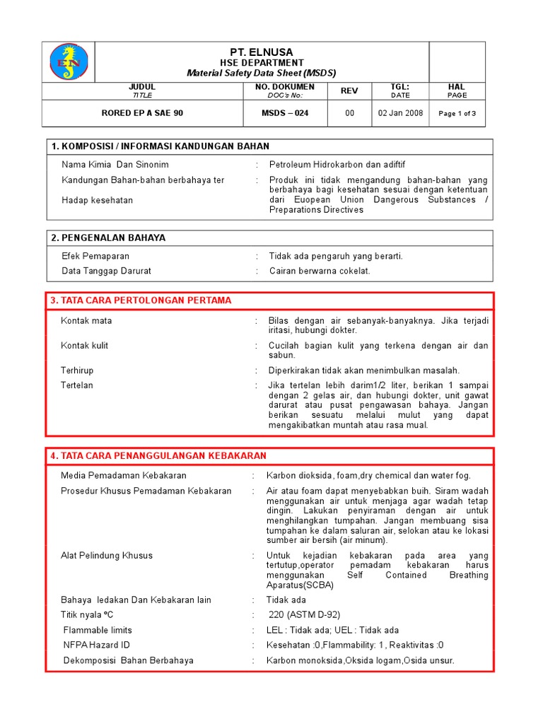 MSDS Oli Pertamina RORED EPA SAE 90 | PDF | Kesehatan Holistik | Sains ...
