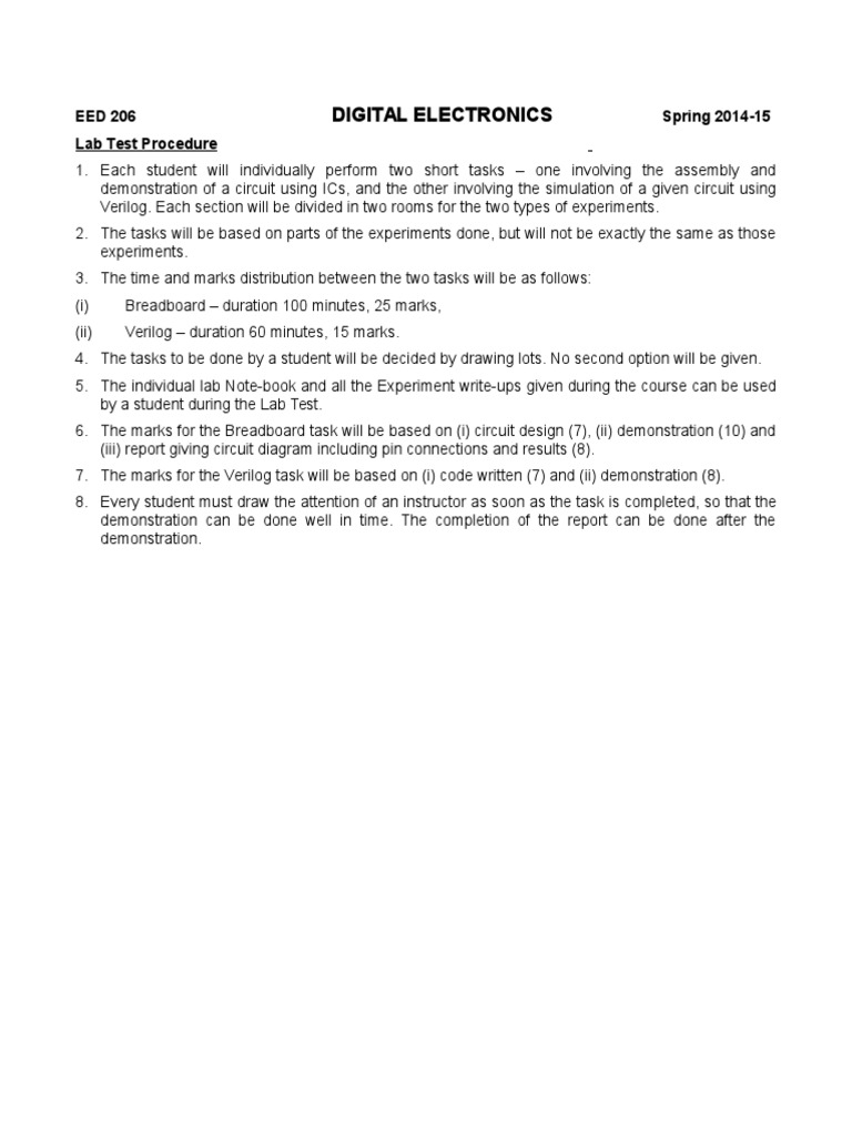 Digital Electronics: EED 206 Spring 2014-15 Lab Test Procedure | PDF ...