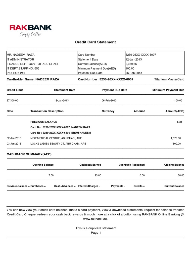Credit Card Statement: Cardholder Name: Nadeem Raza Cardnumber: 5239 ...