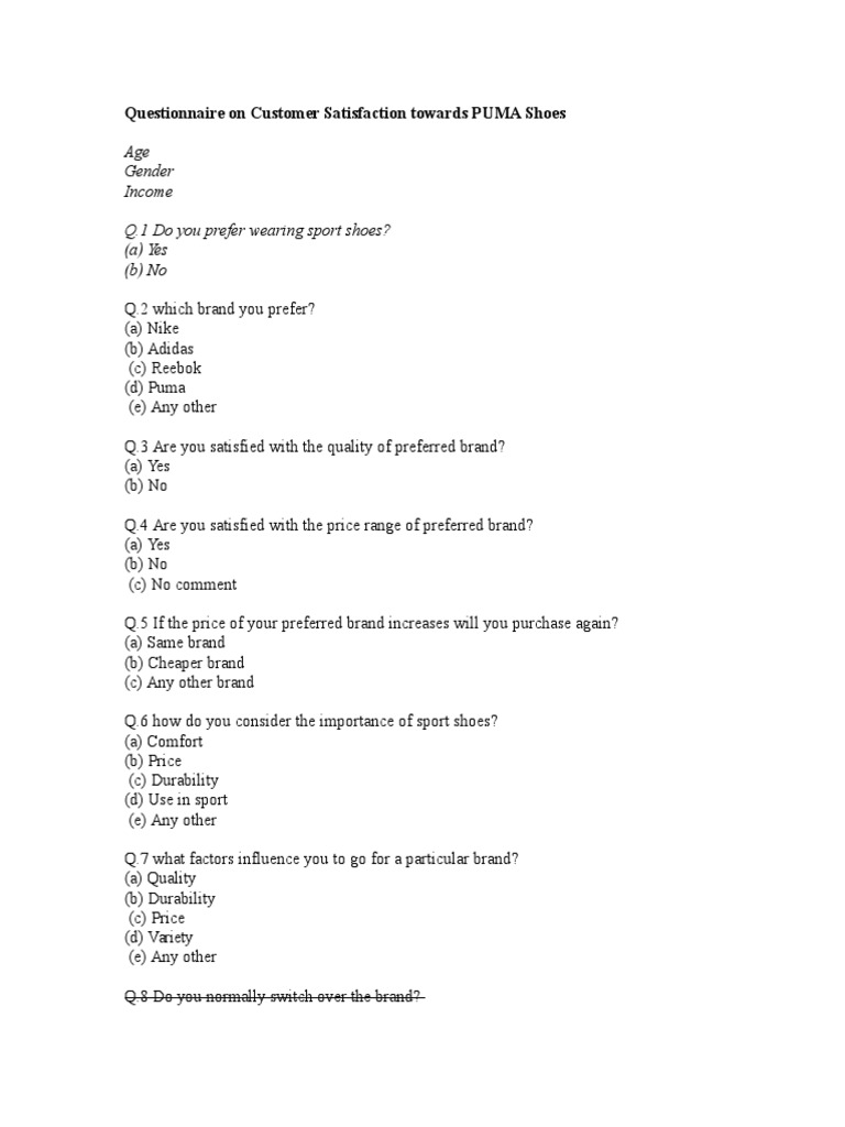 Questionnaire On PUMA Sports Shoes PDF