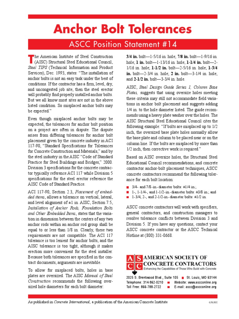 Anchor Bolt Tolerances PDF Screw Structural Steel