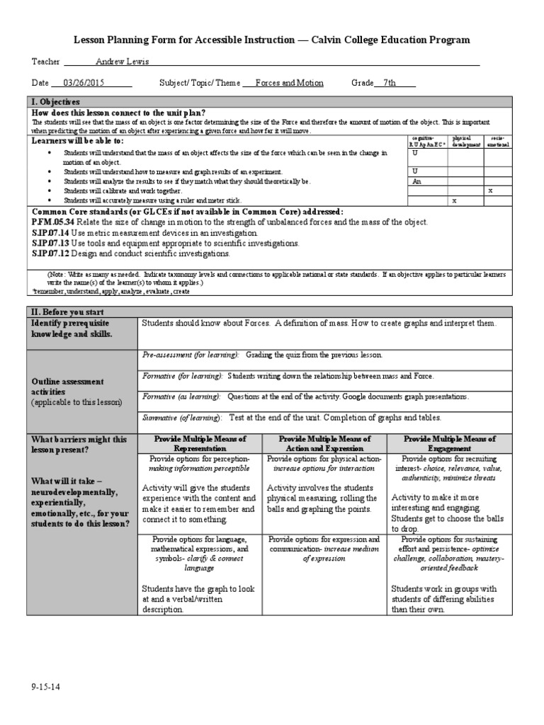 Accessible Lesson Plan: Forces & Motion | PDF | Force | Mass