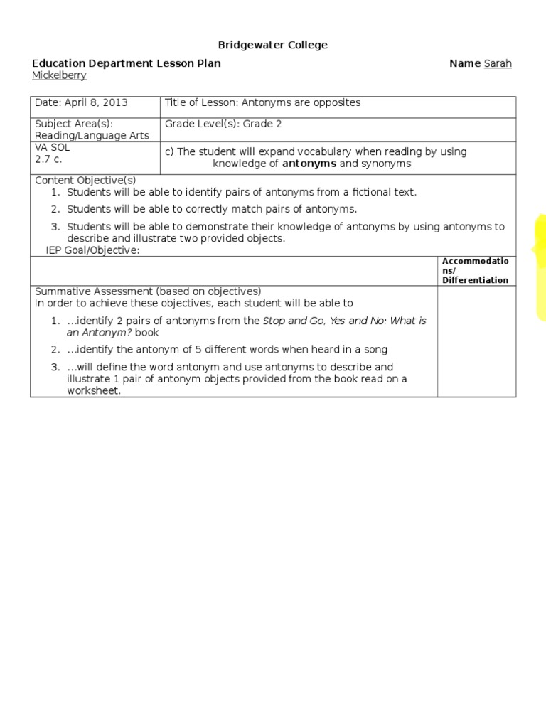 Antonyms Kinesthetic Lesson Plan | PDF | Singing | Cognition