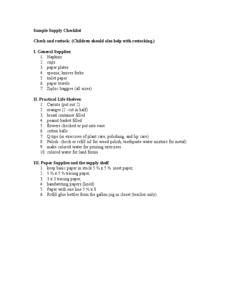 Classroom Supply Checklist | PDF